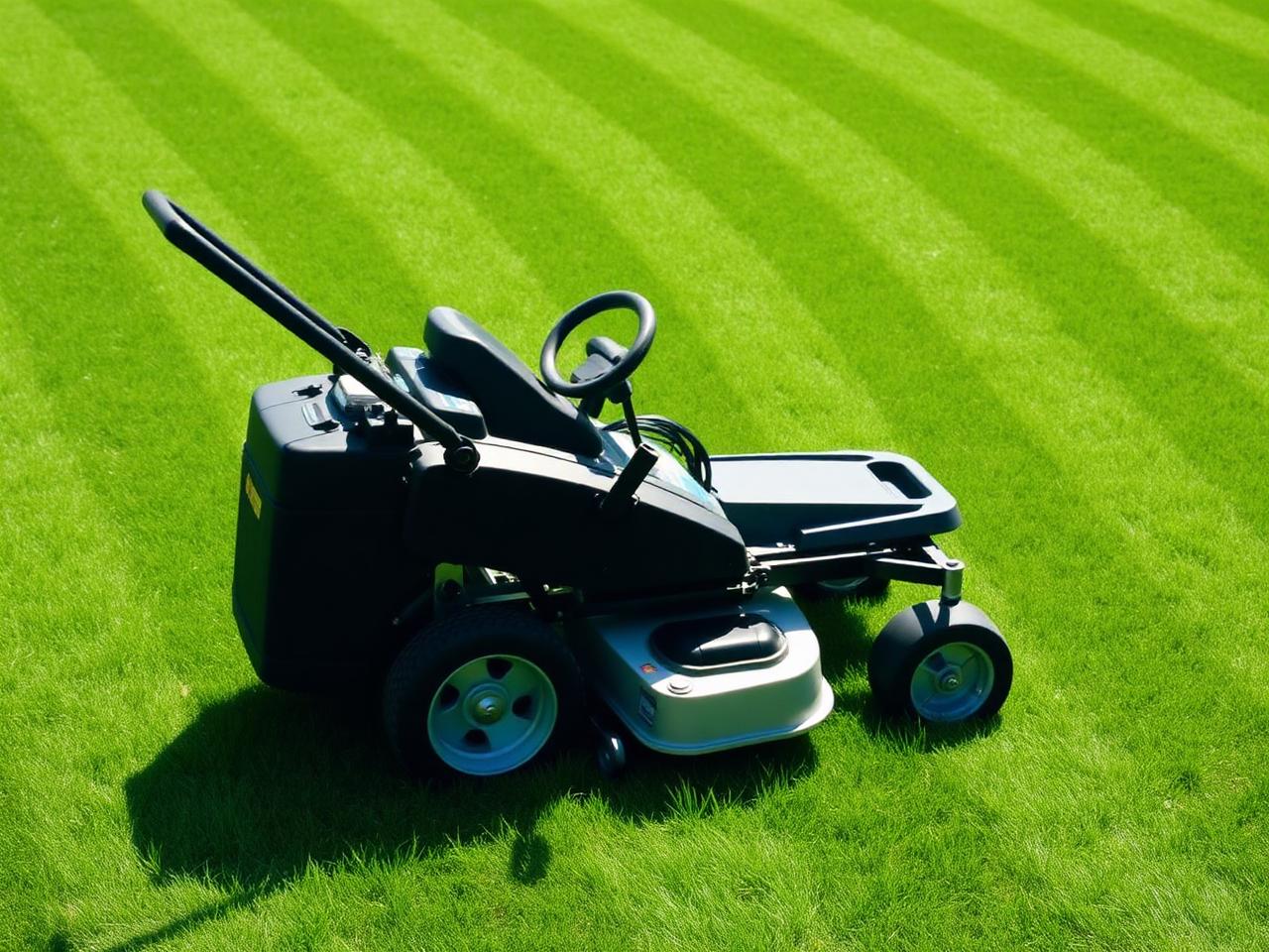 Commercial mower on striped grass